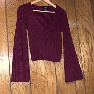Flared Arm V-Neck Burgundy Sweater Top